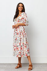 Crepe Short Sleeve Balloon Sleeve V-Neck Printed Tall Casual Dress