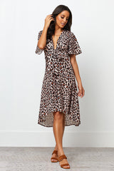 Crepe Cap Sleeve Flutter V-Neck Printed Tall Casual Dress