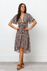 Crepe Cap Sleeve Flutter V-Neck Printed Tall Casual Dress