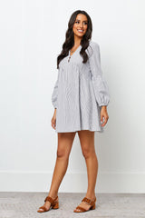 Cotton Long Sleeve Balloon Sleeve V-Neck Printed Short Boho Casual Dress