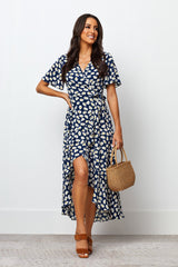 Navy Blue Floral Chiffon Dress