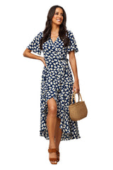 Navy Blue Floral Chiffon Dress