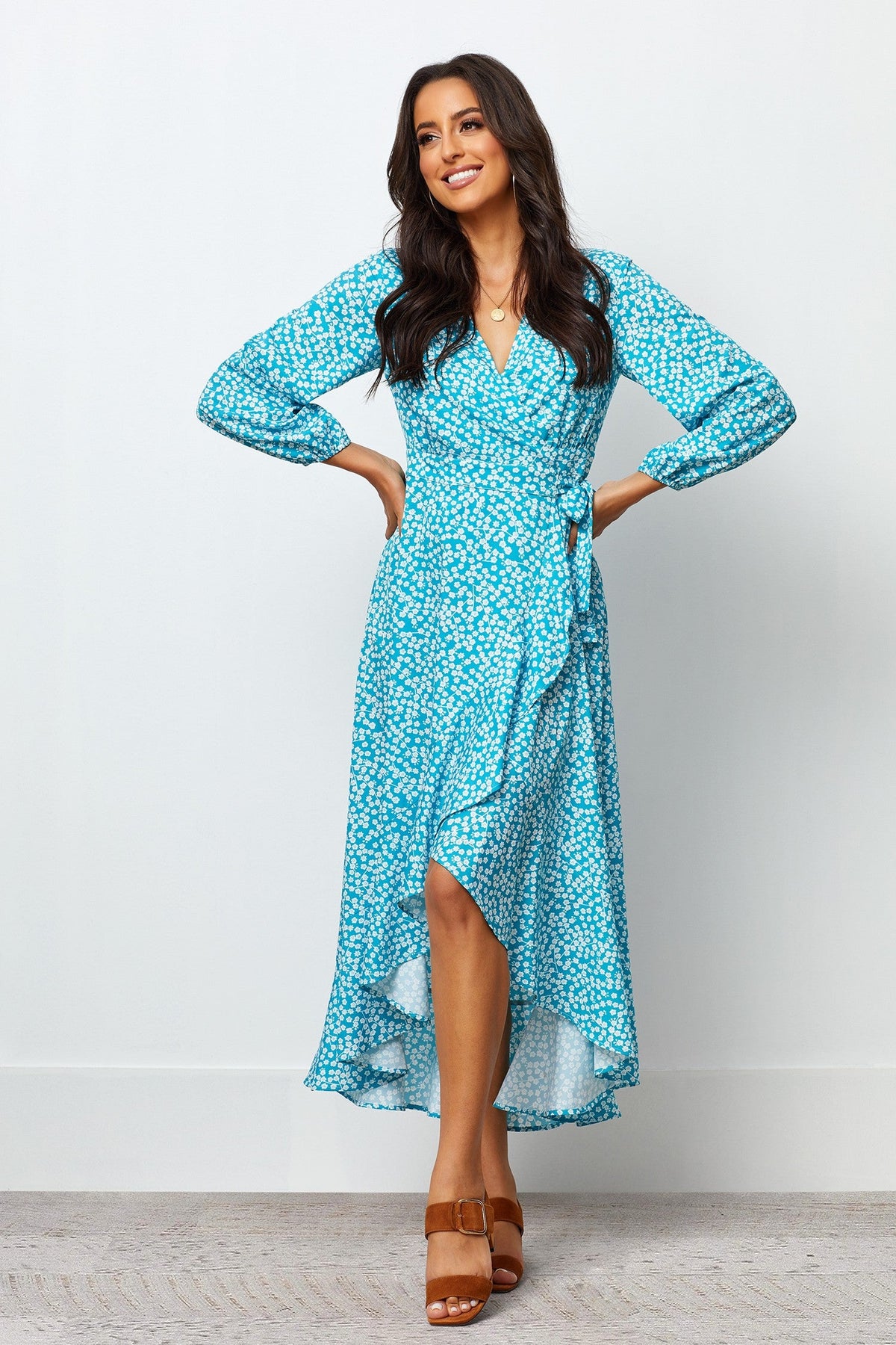 Blue Floral Chiffon Dress