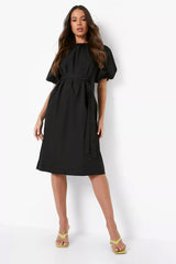 Black Poplin Tie Waist Midi Skater Dress