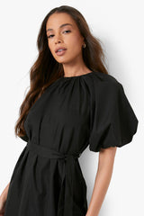 Black Poplin Tie Waist Midi Skater Dress