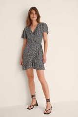 Crepe Short Sleeve Flutter V-Neck Printed Short Casual Dress