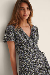 Crepe Short Sleeve Flutter V-Neck Printed Short Casual Dress