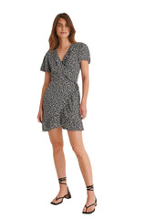 Crepe Short Sleeve Flutter V-Neck Printed Short Casual Dress