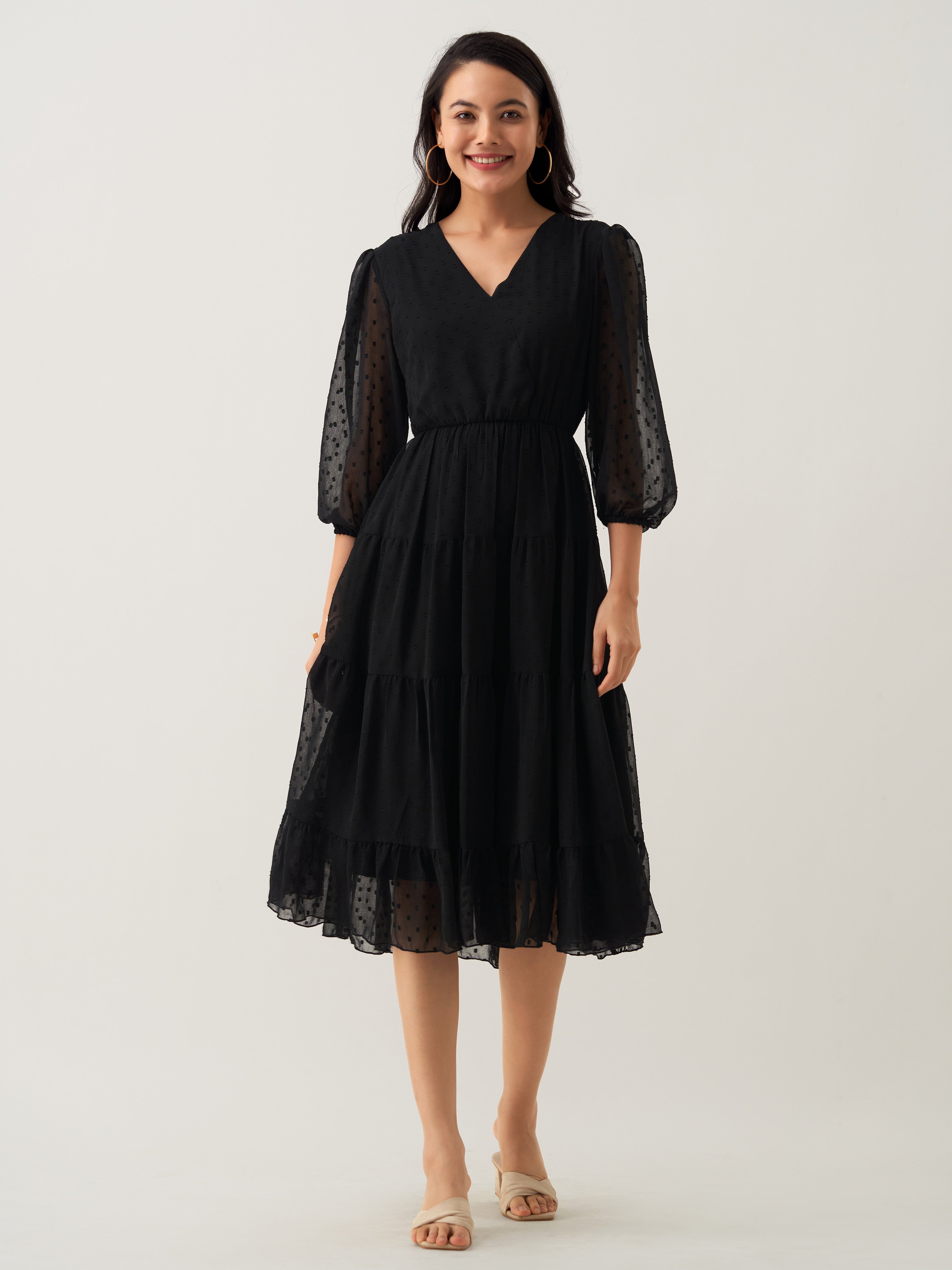 Black Chiffon Brasso Swiss Dot V-Neck Dress