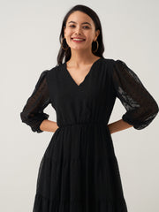 Black Chiffon Brasso Swiss Dot V-Neck Dress