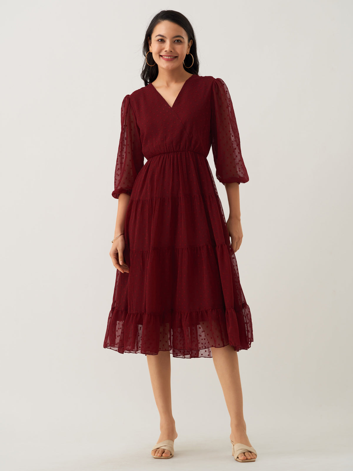 Wine Chiffon Brasso Swiss Dot V-Neck Dress