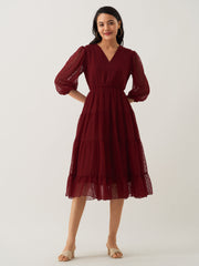 Wine Chiffon Brasso Swiss Dot V-Neck Dress