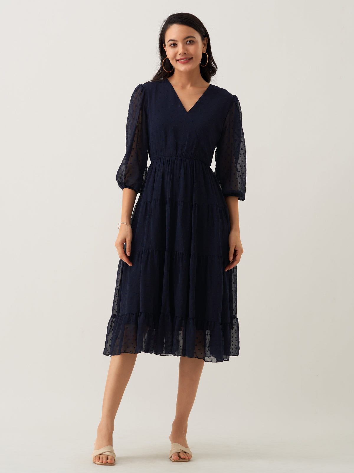 Navy Blue Chiffon Brasso Swiss Dot V-Neck Dress