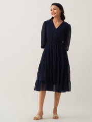 Navy Blue Chiffon Brasso Swiss Dot V-Neck Dress