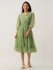 Green Mist Chiffon Brasso Swiss Dot V-Neck Dress