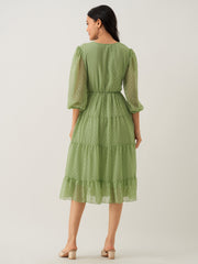 Green Mist Chiffon Brasso Swiss Dot V-Neck Dress