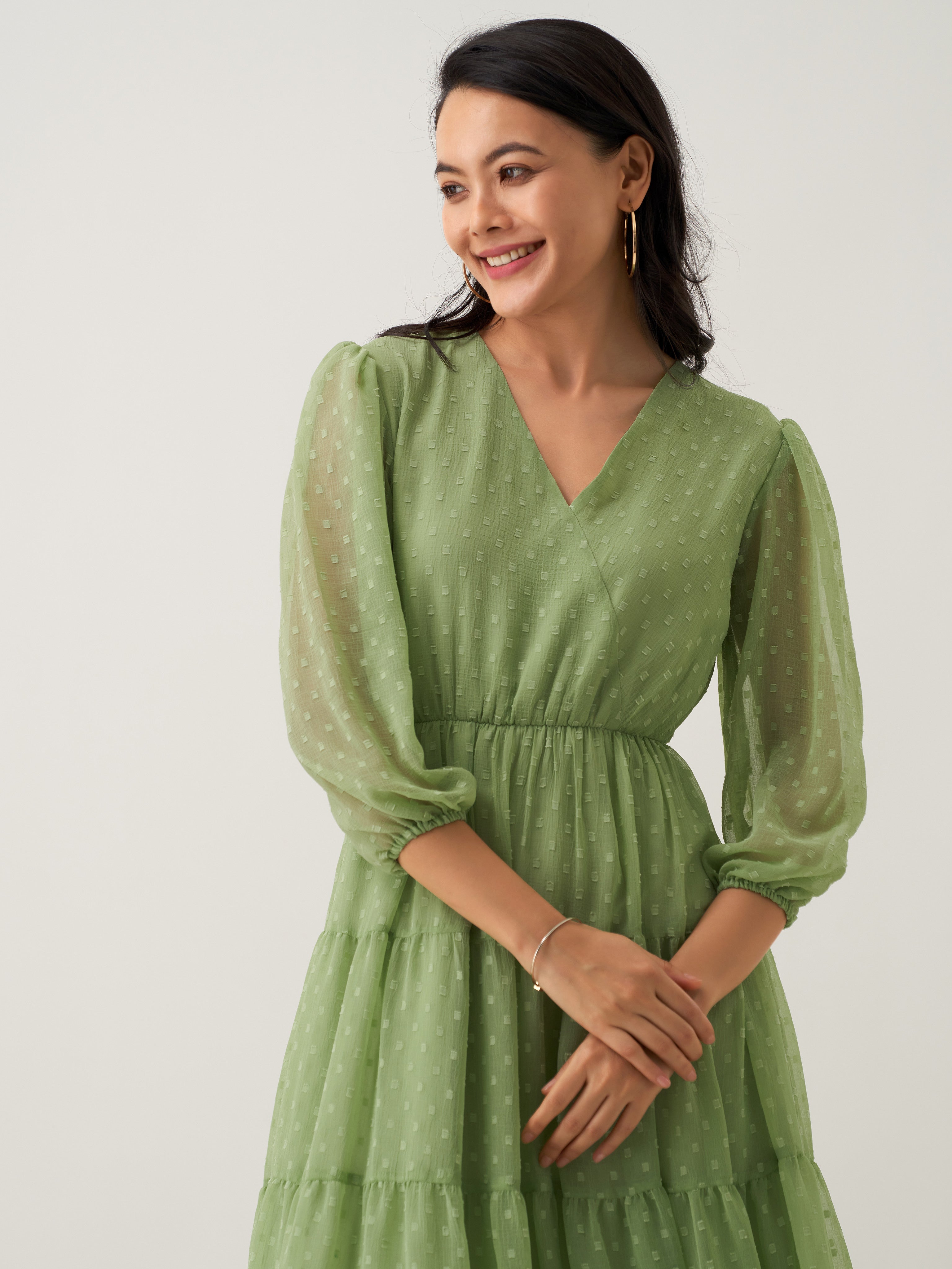 Green Mist Chiffon Brasso Swiss Dot V-Neck Dress