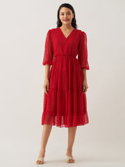 Red Wine Chiffon Brasso Swiss Dot V-Neck Dress