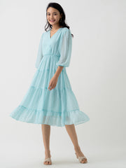 Light Blue Chiffon Brasso Swiss Dot V-Neck Dress