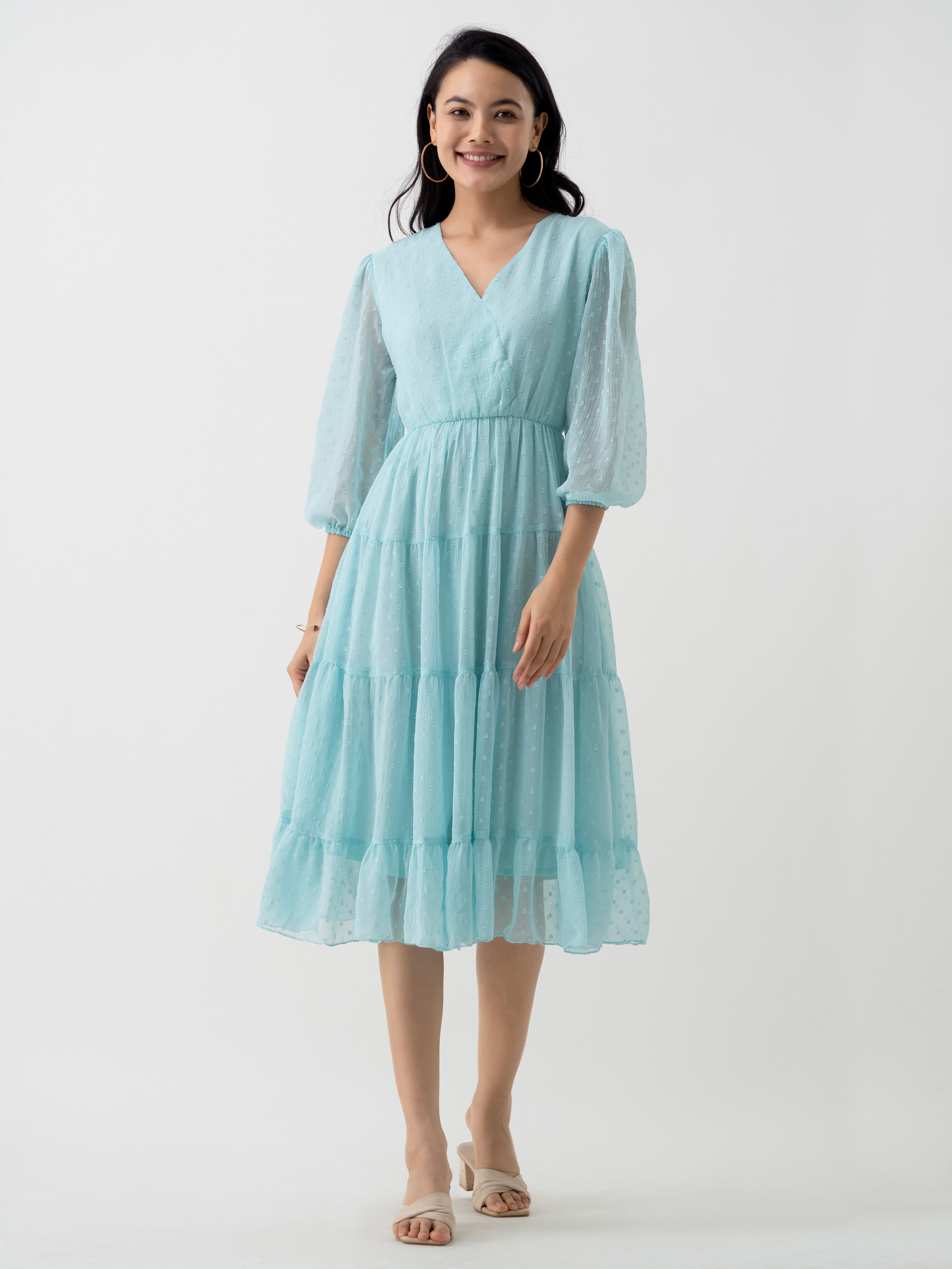 Light Blue Chiffon Brasso Swiss Dot V-Neck Dress