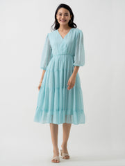 Light Blue Chiffon Brasso Swiss Dot V-Neck Dress