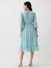 Light Blue Chiffon Brasso Swiss Dot V-Neck Dress