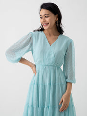 Light Blue Chiffon Brasso Swiss Dot V-Neck Dress