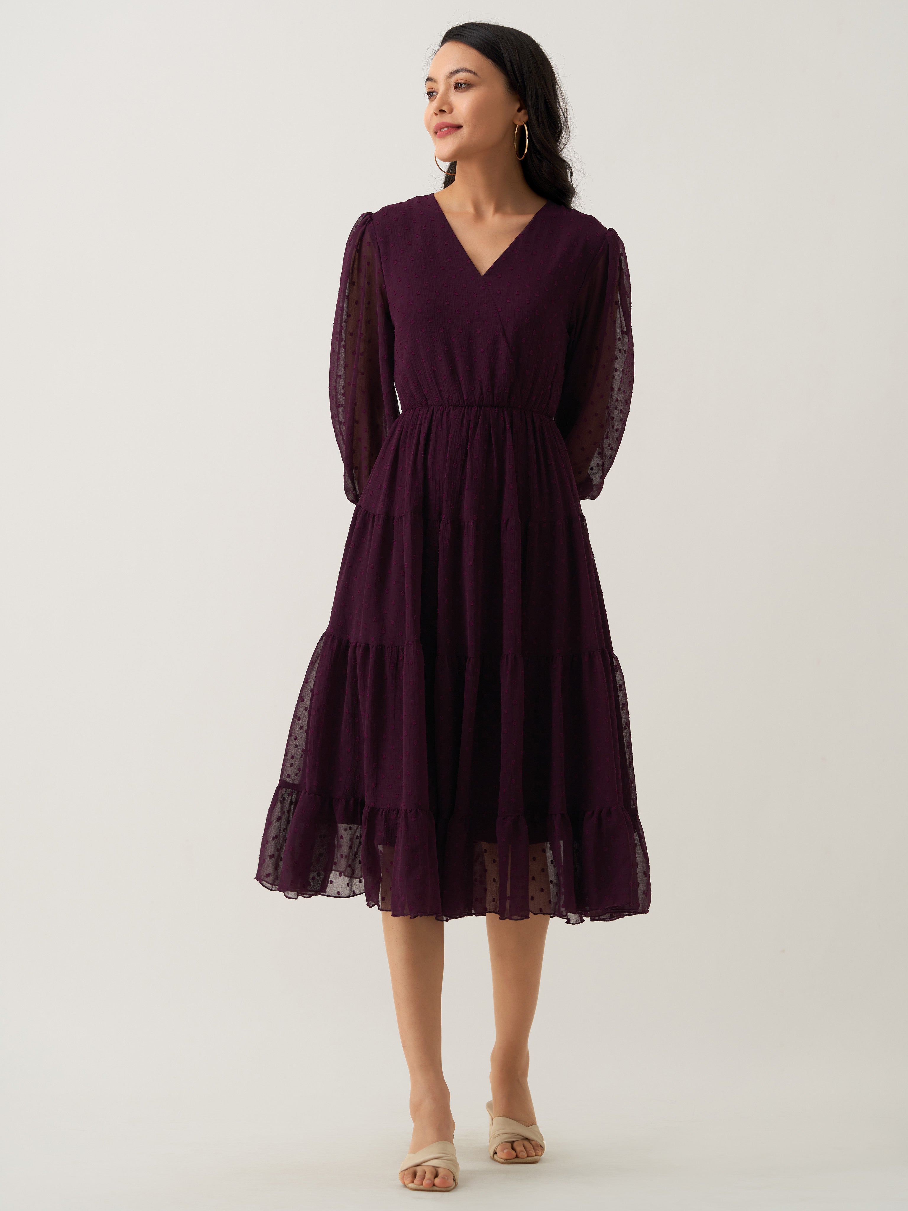 Purple Chiffon Brasso Swiss Dot V-Neck Dress