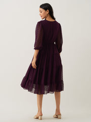 Purple Chiffon Brasso Swiss Dot V-Neck Dress