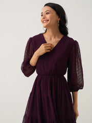 Purple Chiffon Brasso Swiss Dot V-Neck Dress