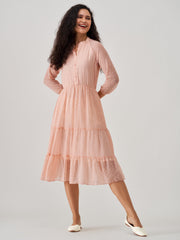 Peach Chiffon Brasso Swiss Dot V-Neck Dress