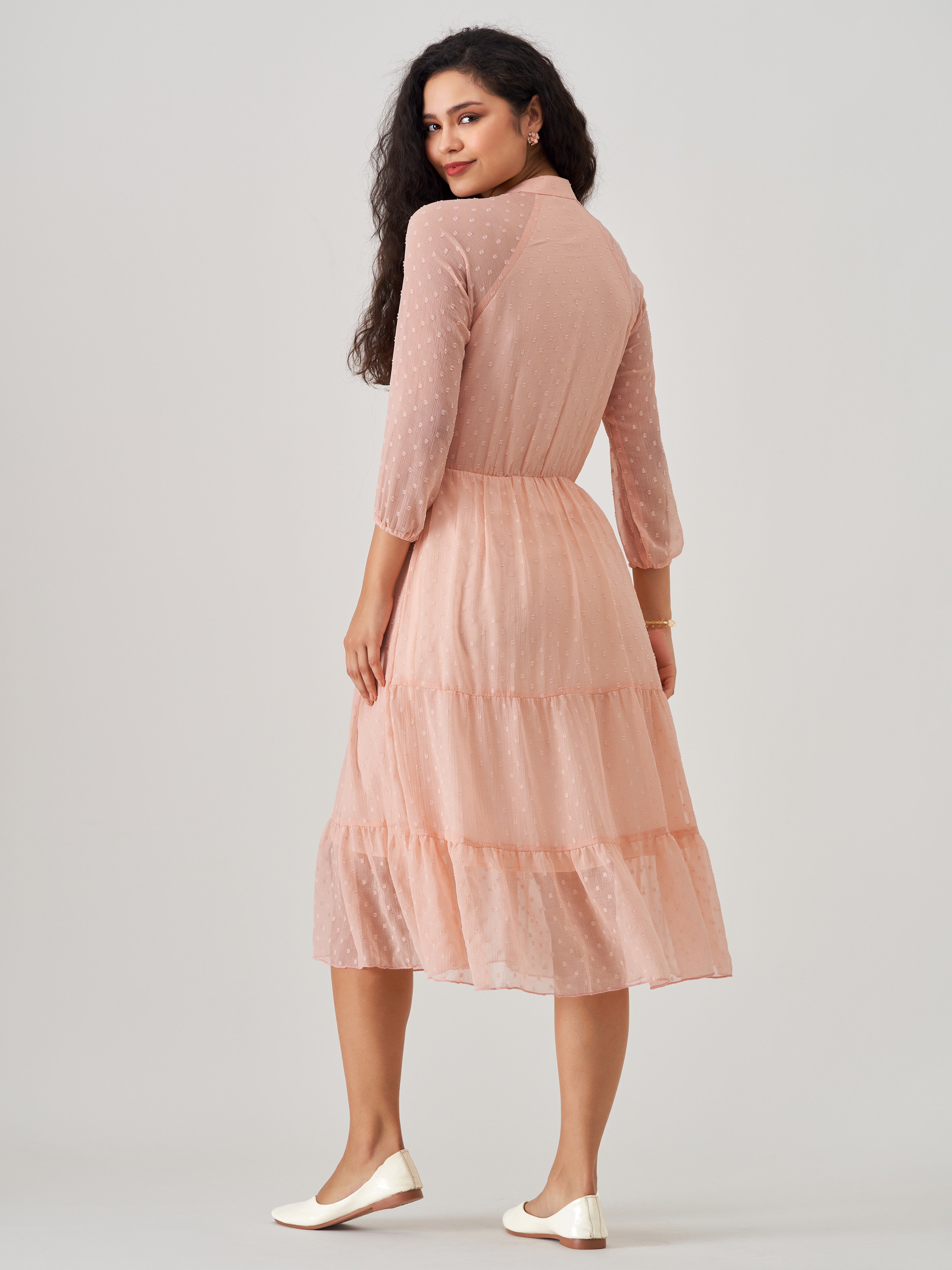 Peach Chiffon Brasso Swiss Dot V-Neck Dress