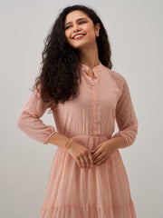 Peach Chiffon Brasso Swiss Dot V-Neck Dress