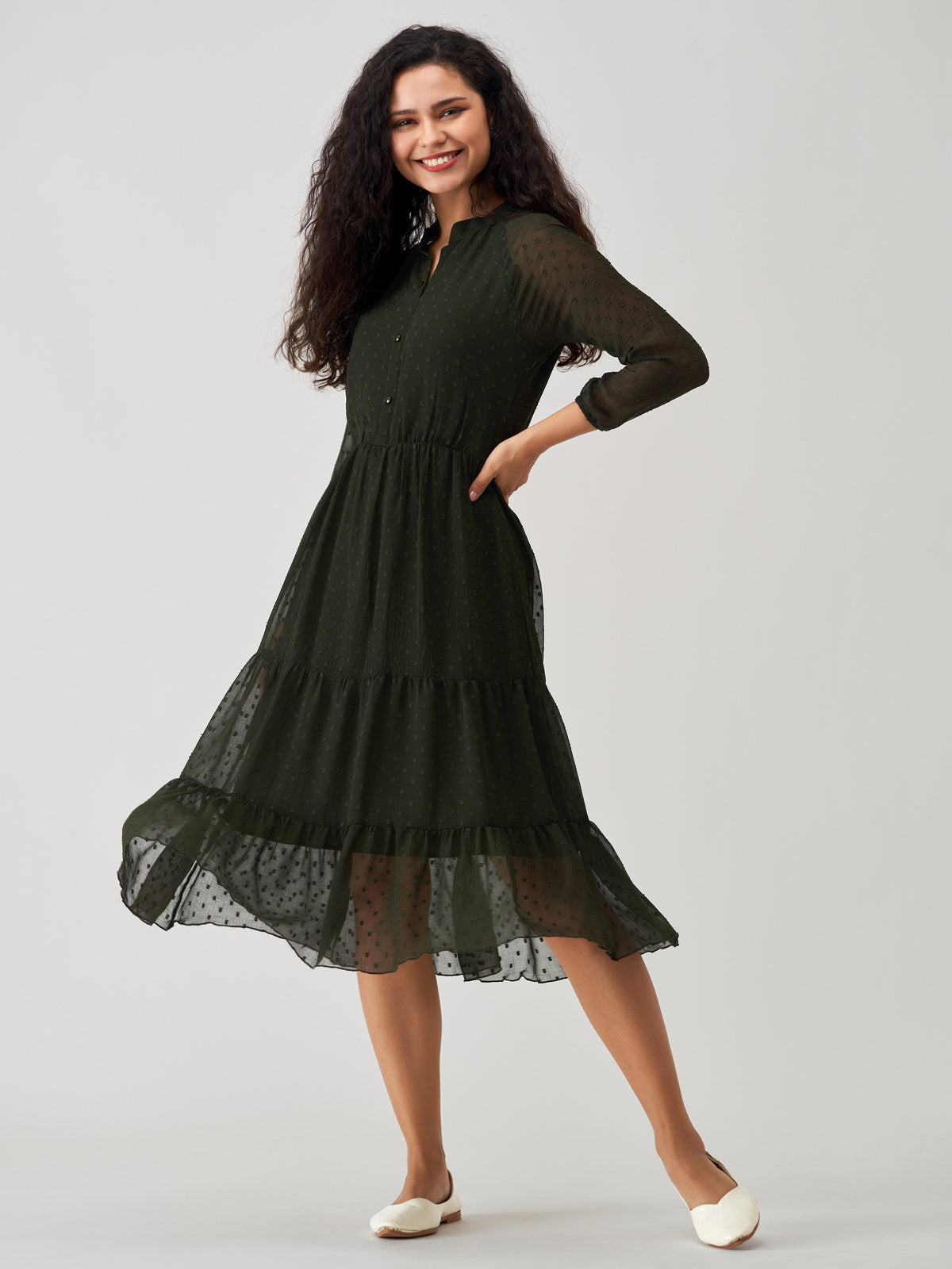 Dark Green Chiffon Brasso Swiss Dot V-Neck Dress