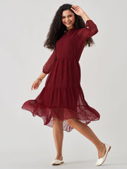 Wine Chiffon Brasso Swiss Dot V-Neck Dress