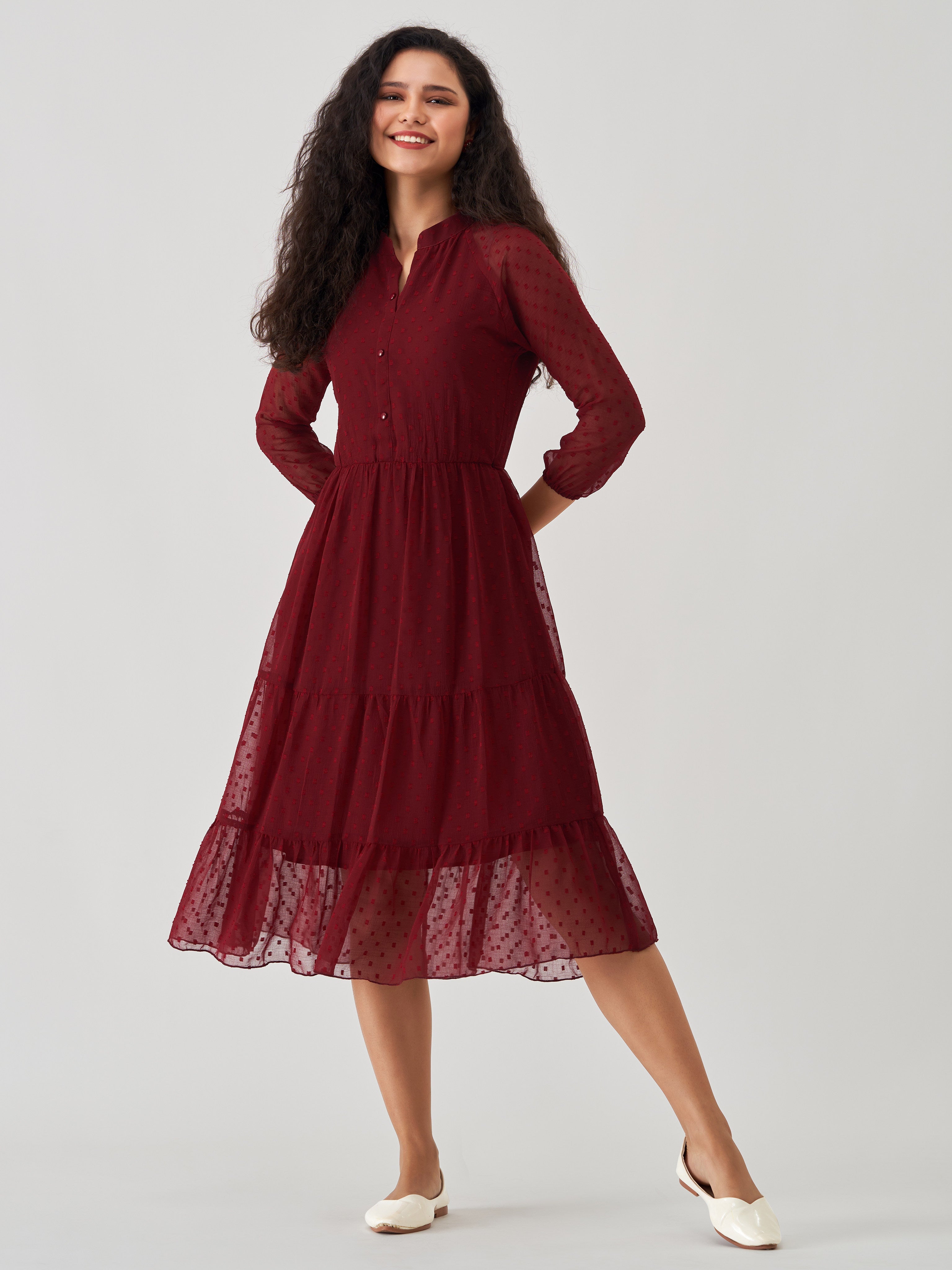 Wine Chiffon Brasso Swiss Dot V-Neck Dress