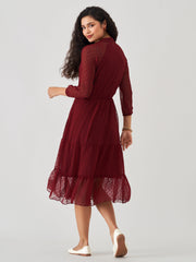 Wine Chiffon Brasso Swiss Dot V-Neck Dress