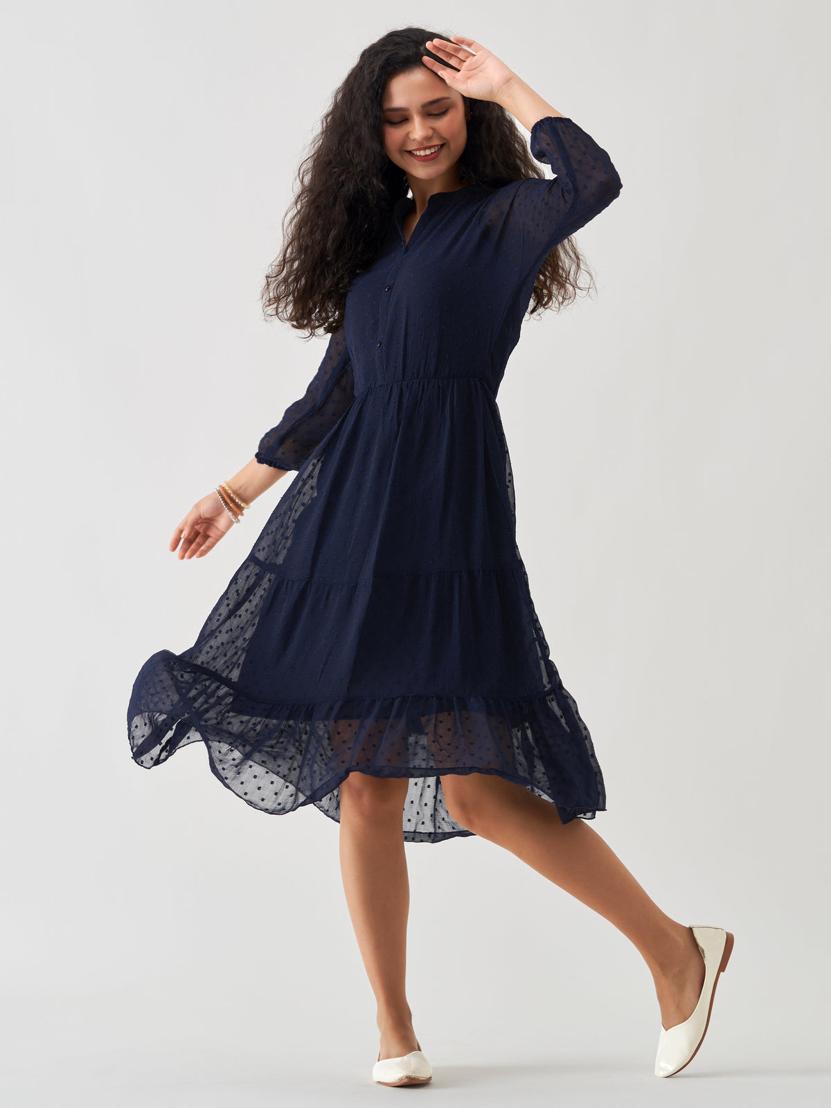 Navy Blue Chiffon Brasso Swiss Dot V-Neck Dress