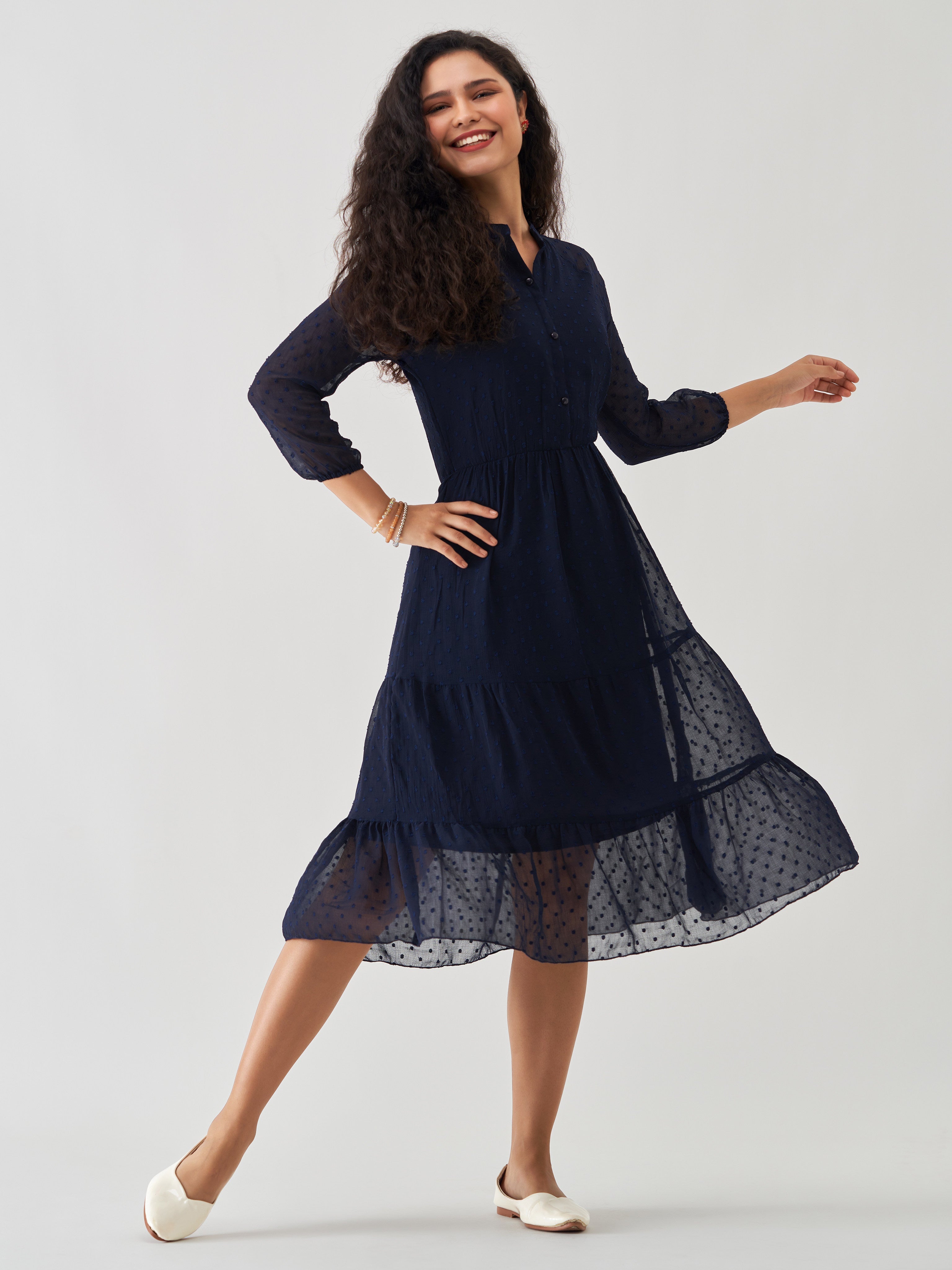 Navy Blue Chiffon Brasso Swiss Dot V-Neck Dress