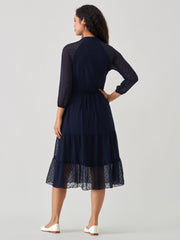 Navy Blue Chiffon Brasso Swiss Dot V-Neck Dress