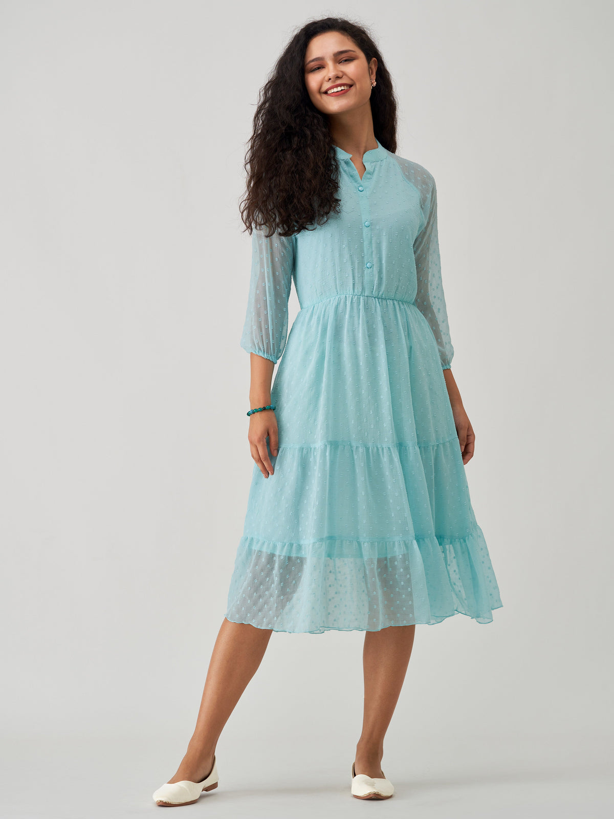 Light Blue Chiffon Brasso Swiss Dot V-Neck Dress