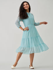 Light Blue Chiffon Brasso Swiss Dot V-Neck Dress