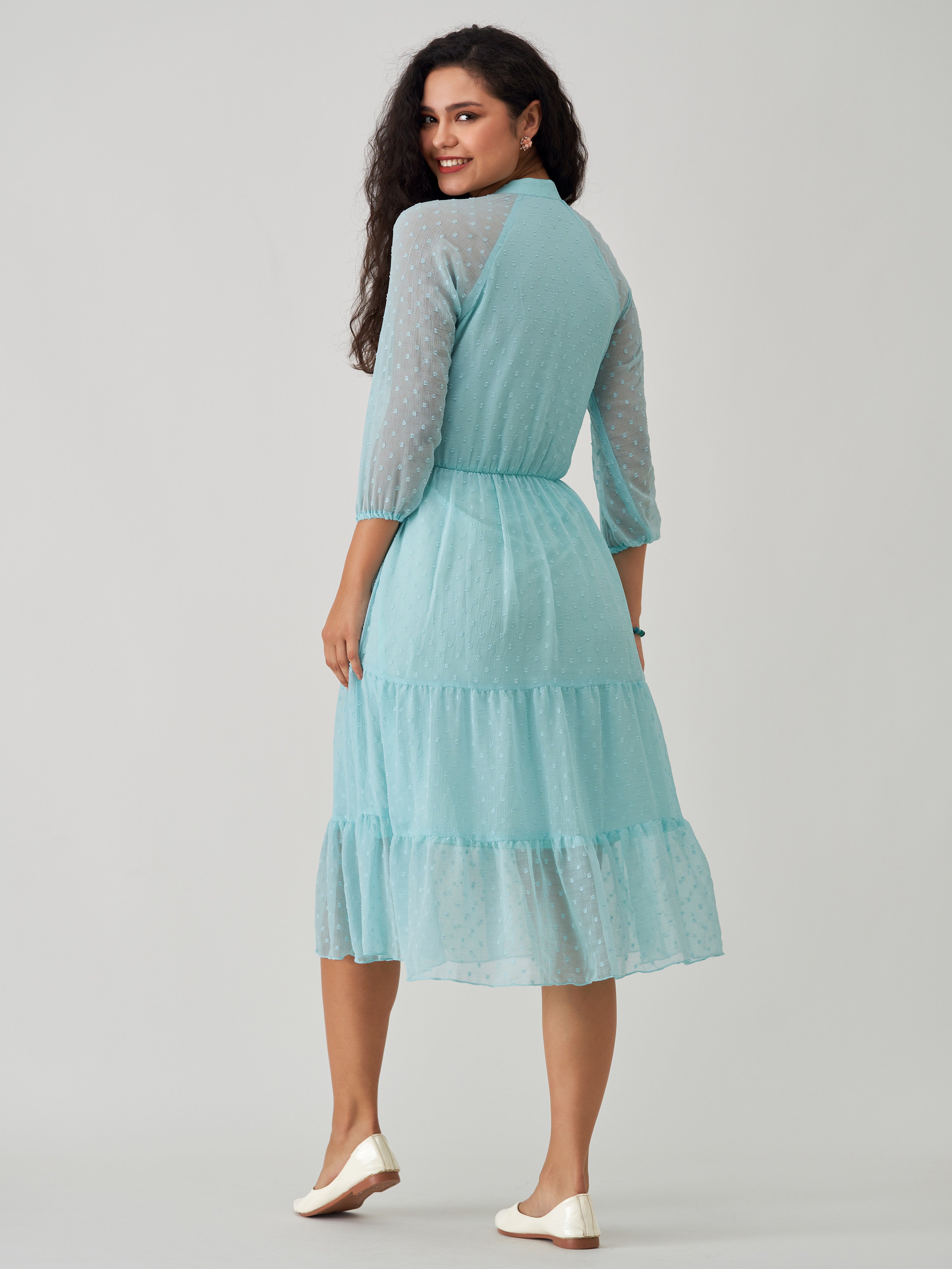 Light Blue Chiffon Brasso Swiss Dot V-Neck Dress