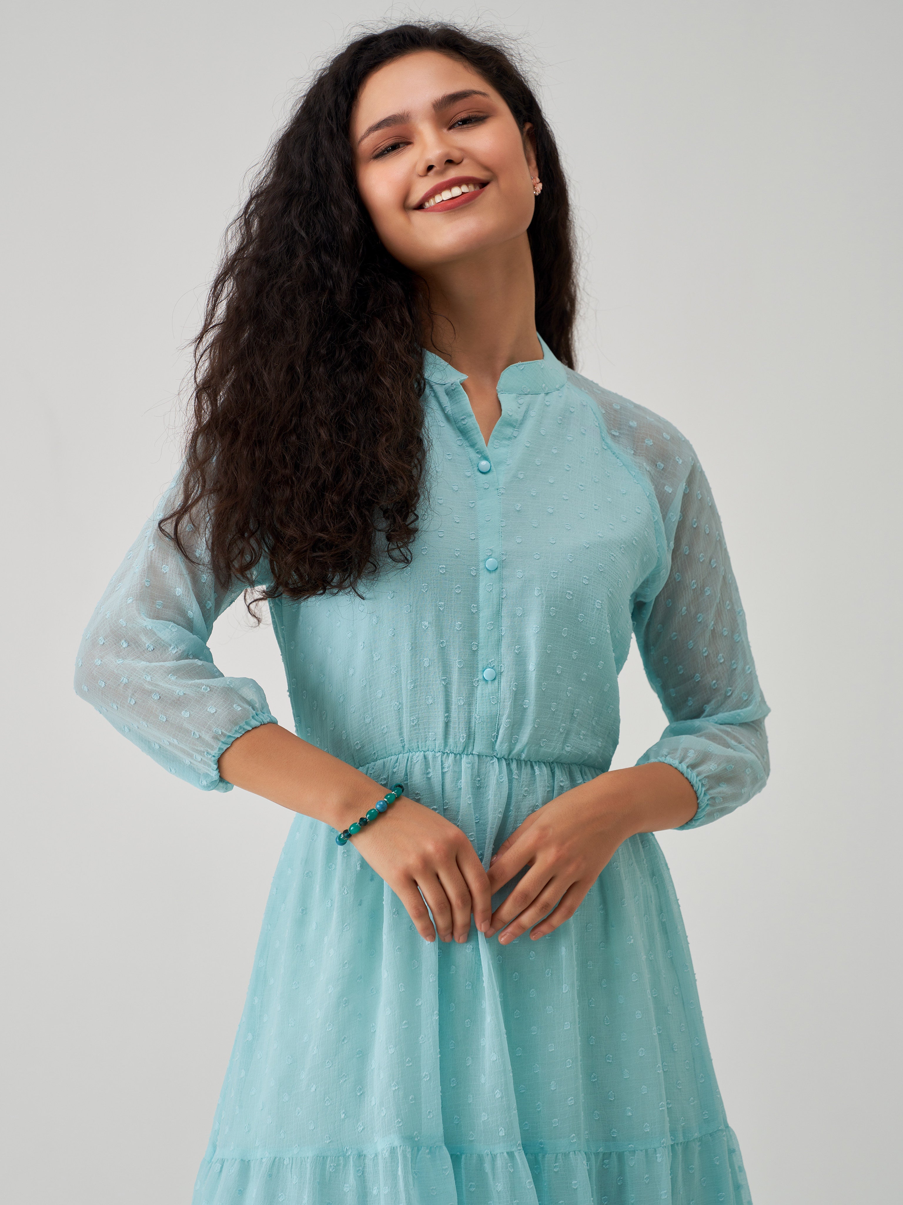 Light Blue Chiffon Brasso Swiss Dot V-Neck Dress