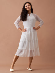 White Chiffon Brasso Swiss Dot V-Neck Dress