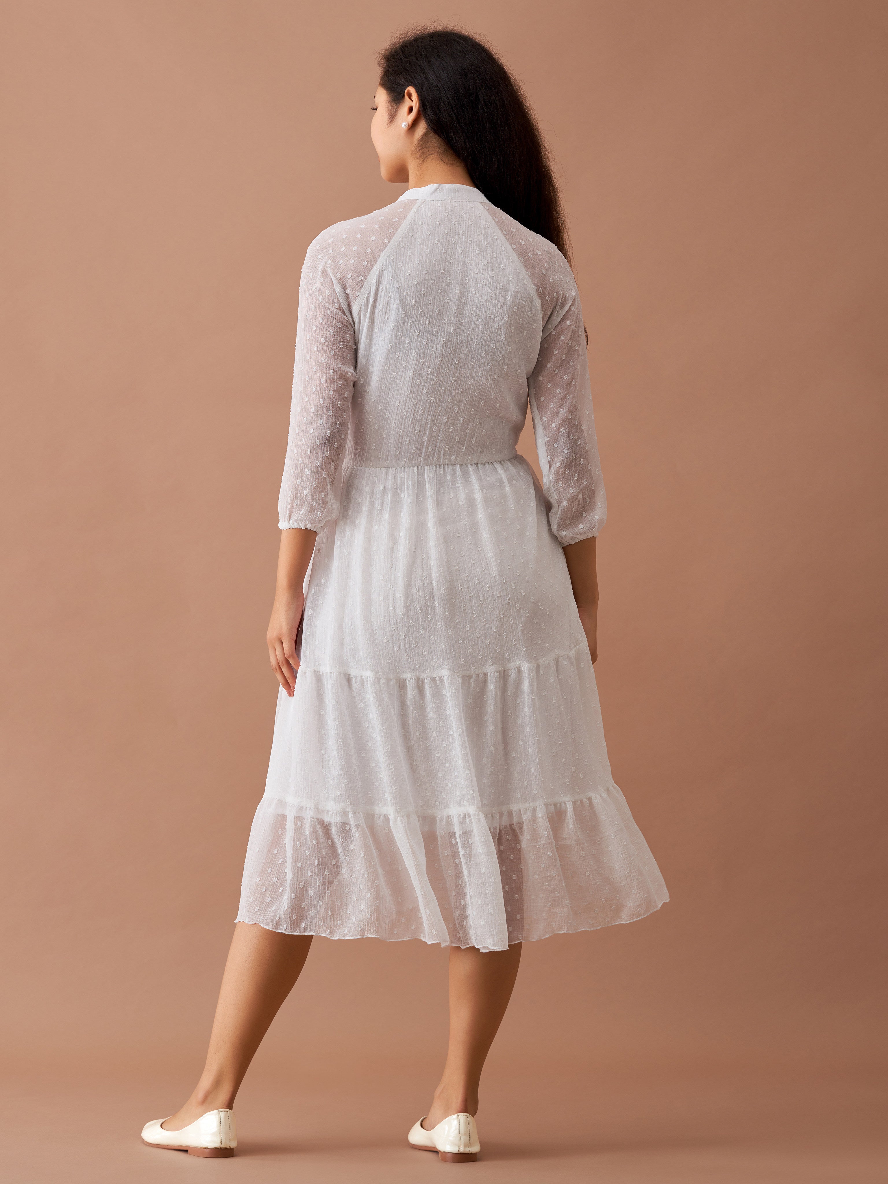 White Chiffon Brasso Swiss Dot V-Neck Dress