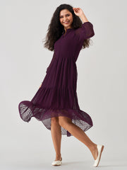 Purple Chiffon Brasso Swiss Dot V-Neck Dress