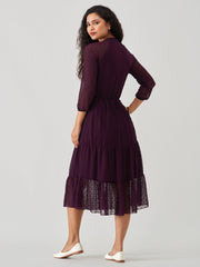 Purple Chiffon Brasso Swiss Dot V-Neck Dress