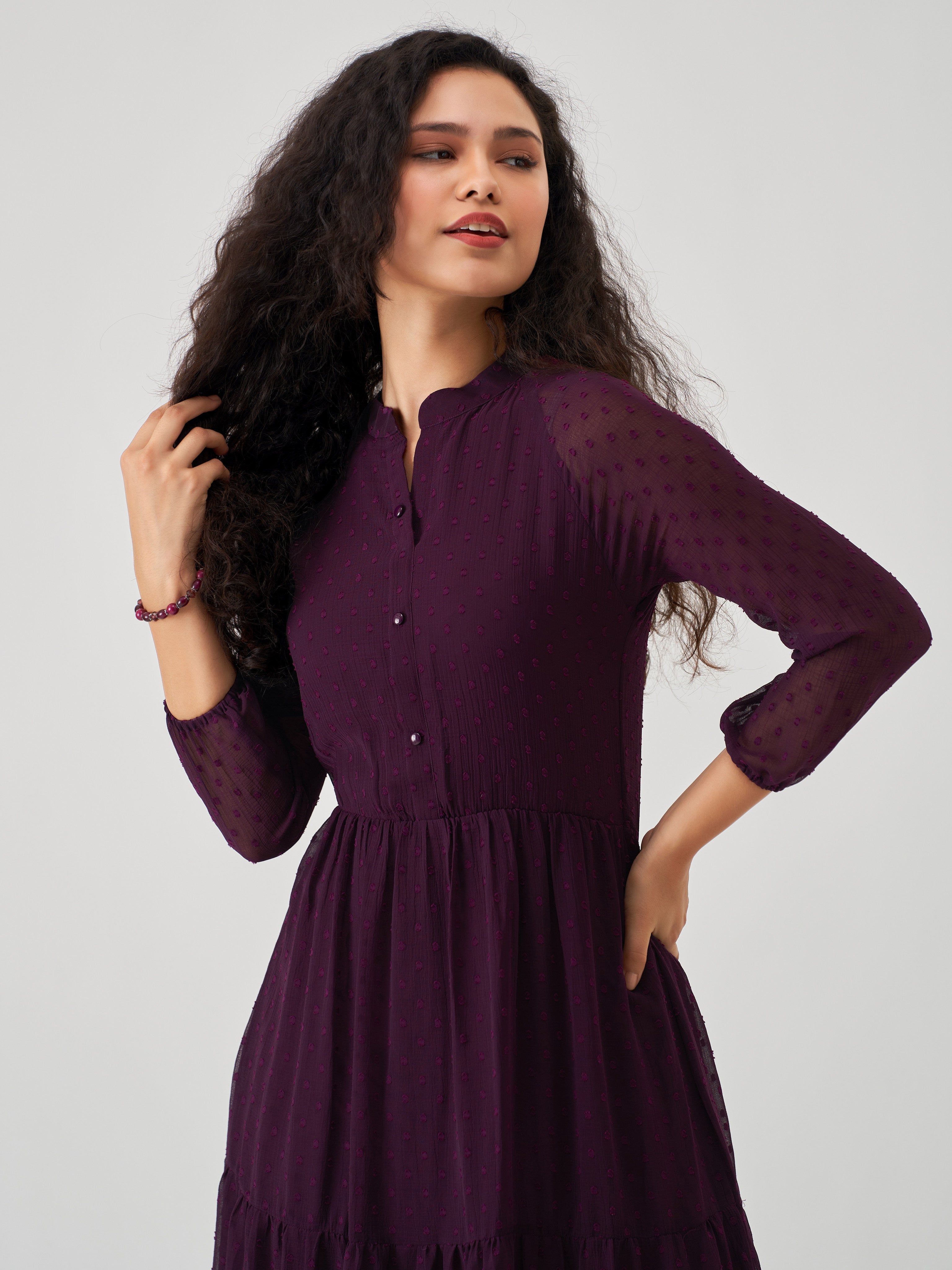 Purple Chiffon Brasso Swiss Dot V-Neck Dress