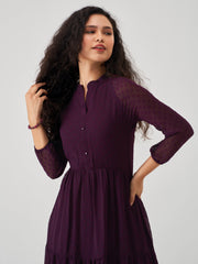 Purple Chiffon Brasso Swiss Dot V-Neck Dress